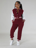 Women contrasting color baseball top and pant two-piece set