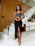 Black Beaded Strap Front Slit Two-Piece Skirt Set