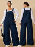 Plus Size Washed Multi-Pocket Loose Denim Overall Jumpsuit for Women