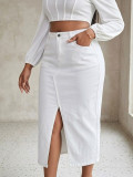 Plus Size High Waist Front Slit Washed Midi Denim Skirt