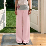 Summer Colorblock Floral Beaded Fold-Over Waist Casual Straight-Leg Slim Fit Pants for Women