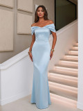 Fashion Light Blue Beaded Off Shoulder Mermaid Maxi Evening Dress