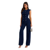 Washed Denim Slim Waist Stretch Straight-Leg Loose Jumpsuit