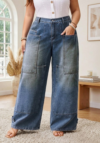 Plus Size High Waist Loose Wide-Leg Wash Cargo Denim Pants for Women