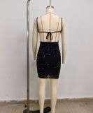 Rhinestone Mesh Strap Low Back Bodycon Evening Dress