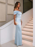 Fashion Light Blue Beaded Off Shoulder Mermaid Maxi Evening Dress
