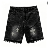 Full Rhinestone Beaded Knee-Length Straight Denim Shorts