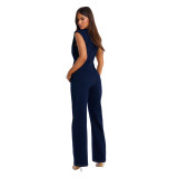 Washed Denim Slim Waist Stretch Straight-Leg Loose Jumpsuit