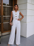 Fashion Turndown Collar Sleeveless Button Straight Leg Wide-Leg Jumpsuit