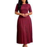 Women's Pleated Round Neck Patchwork Ruched Dress