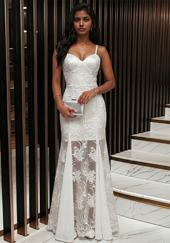 Fashion White Beaded Lace Strap Maxi Evening Dress