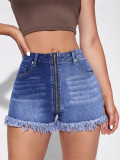 Colorblock Patchwork High Waist Washed Frayed Denim Tight-Fit Shorts