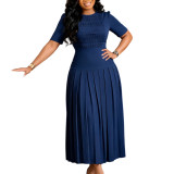 Women's Pleated Round Neck Patchwork Ruched Dress