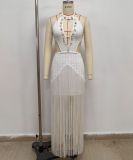 Shell Embellished Halter Neck Low Back Fringe Maxi Evening Dress