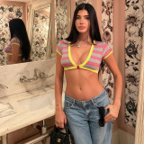 Spring/Summer Women's Sexy V-Neck Striped Button Cropped T-Shirt Top