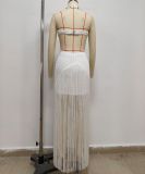 Shell Embellished Halter Neck Low Back Fringe Maxi Evening Dress
