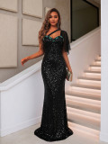 Black One-Shoulder Sequin Mermaid Maxi Evening Dress