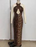 Leopard Print Halter Neck Cutout Sequin Mermaid Evening Dress