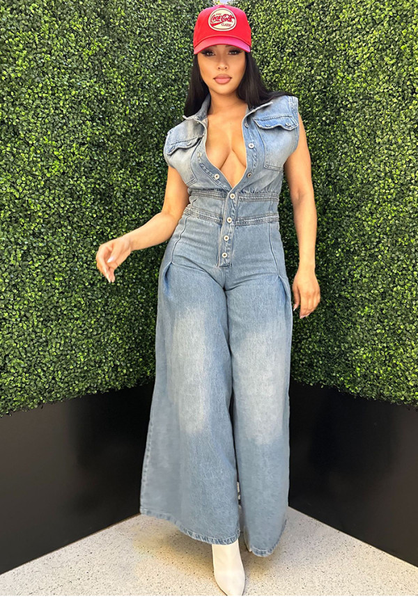Washed Denim Slim Waist Stretch Straight-Leg Loose Jumpsuit
