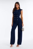 Washed Denim Slim Waist Stretch Straight-Leg Loose Jumpsuit