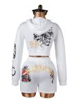 Print Casual Long Sleeve Jacket & Tie-Waist Shorts Set