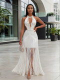 Shell Embellished Halter Neck Low Back Fringe Maxi Evening Dress