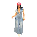 Washed Denim Slim Waist Stretch Straight-Leg Loose Jumpsuit