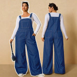 Plus Size Washed Multi-Pocket Loose Denim Overall Jumpsuit for Women