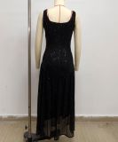 Black Chic Sequin Wide Strap Maxi Evening Dress