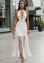 Shell Embellished Halter Neck Low Back Fringe Maxi Evening Dress
