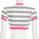 Spring/Summer Women's Sexy V-Neck Striped Button Cropped T-Shirt Top