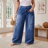 Plus Size High Waist Loose Wide-Leg Wash Cargo Denim Pants for Women