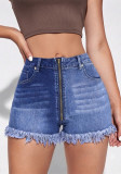 Colorblock Patchwork High Waist Washed Frayed Denim Tight-Fit Shorts