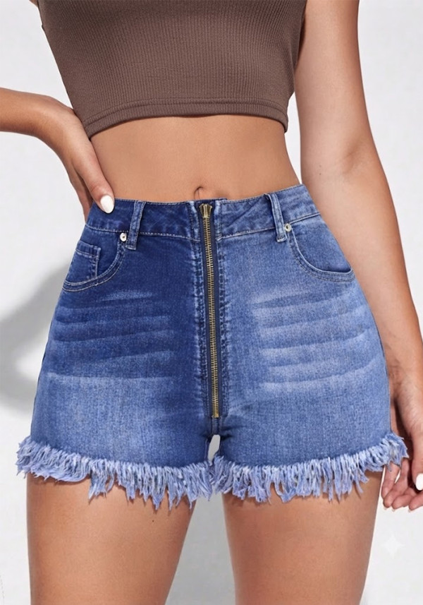 Colorblock Patchwork High Waist Washed Frayed Denim Tight-Fit Shorts