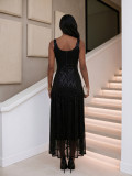 Black Chic Sequin Wide Strap Maxi Evening Dress