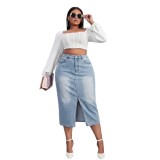 Plus Size High Waist Front Slit Washed Midi Denim Skirt