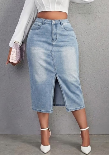Plus Size High Waist Front Slit Washed Midi Denim Skirt