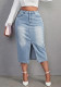 Plus Size High Waist Front Slit Washed Midi Denim Skirt