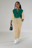 Women contrasting color baseball top and pant two-piece set