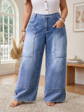 Plus Size High Waist Loose Wide-Leg Wash Cargo Denim Pants for Women