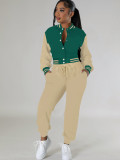 Women contrasting color baseball top and pant two-piece set