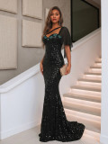 Black One-Shoulder Sequin Mermaid Maxi Evening Dress