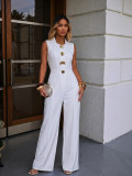 Fashion Turndown Collar Sleeveless Button Straight Leg Wide-Leg Jumpsuit