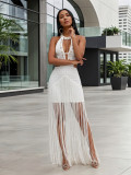 Shell Embellished Halter Neck Low Back Fringe Maxi Evening Dress
