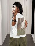 Women's Solid Round Neck Half-Sleeve Loose Low Back Mesh T-Shirt Top