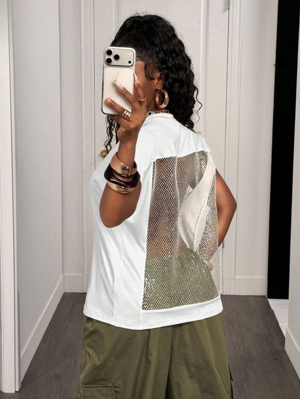 Women's Solid Round Neck Half-Sleeve Loose Low Back Mesh T-Shirt Top