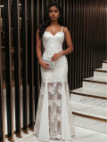 Fashion White Beaded Lace Strap Maxi Evening Dress