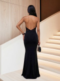 Fashion Lace Patchwork Halter Neck Low Back Mermaid Evening Dress