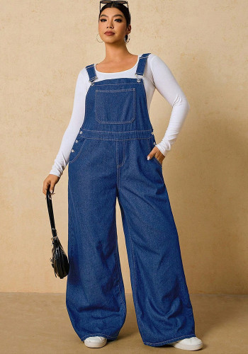 Plus Size Washed Multi-Pocket Loose Denim Overall Jumpsuit for Women