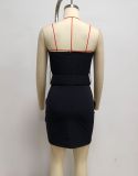 Black Strapless Double Buckle Belt Slim Waist Mini Evening Dress